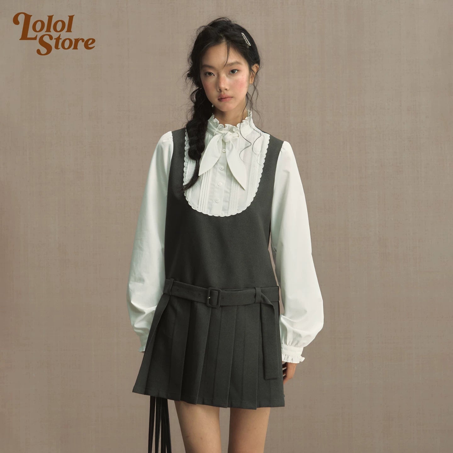 LOLOL "Nara Deer" girl fake two-piece bow lace-up shirt dress women's short skirt pleated skirt