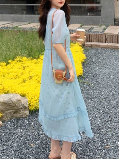 【2点セット】ブルーフラワーシフォンキャミワンピース