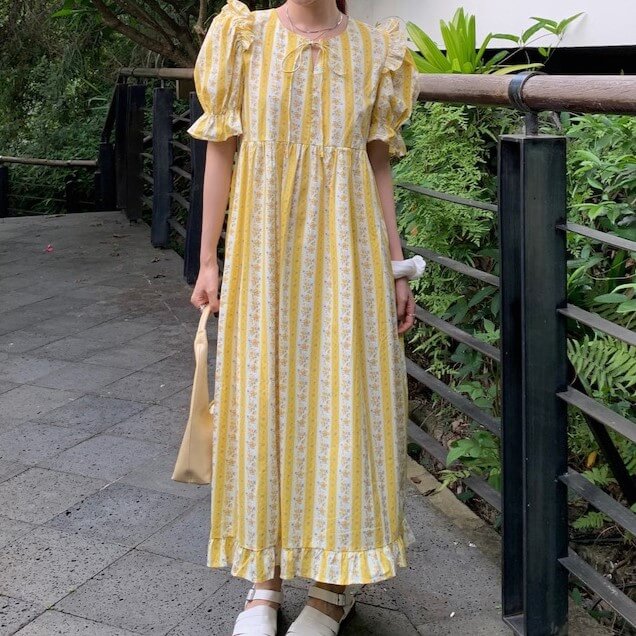 ストライプ花柄ロングワンピース(全2色)