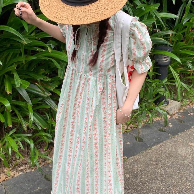 ストライプ花柄ロングワンピース(全2色)