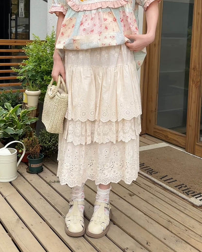アンティークガーリーレースティアードスカート