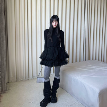 DDgirl "Nishino Twilight" original small man age-reducing mesh stitching puffy dress with fleece bottom
