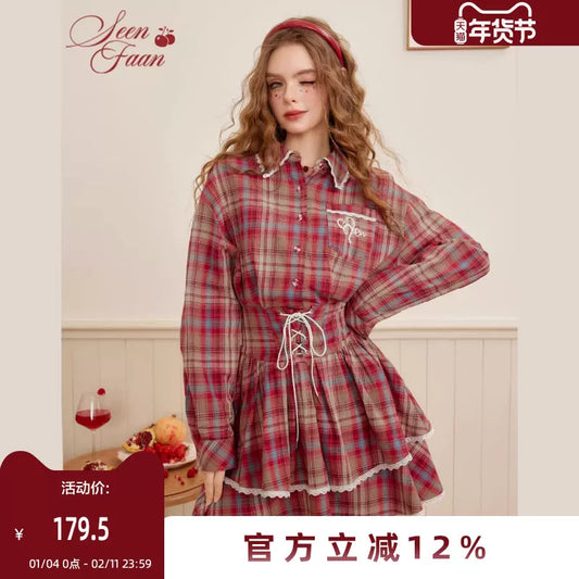 SEENFAAN blooms the new vintage lace color-blocked plaid dress for women's embroidery college skirt for autumn