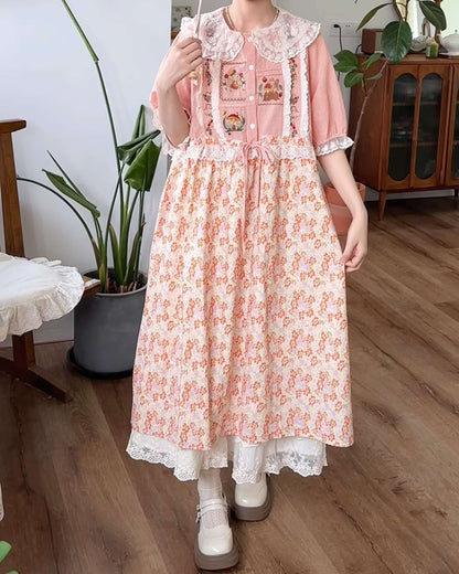 クラシカルチェック＆花柄レースワンピース