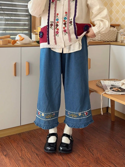 レトロフォークロア刺繍デニムパンツ（全2色）