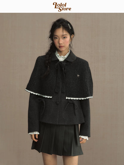 LOLOL "Nara Deer" girl fake two-piece bow lace-up shirt dress women's short skirt pleated skirt