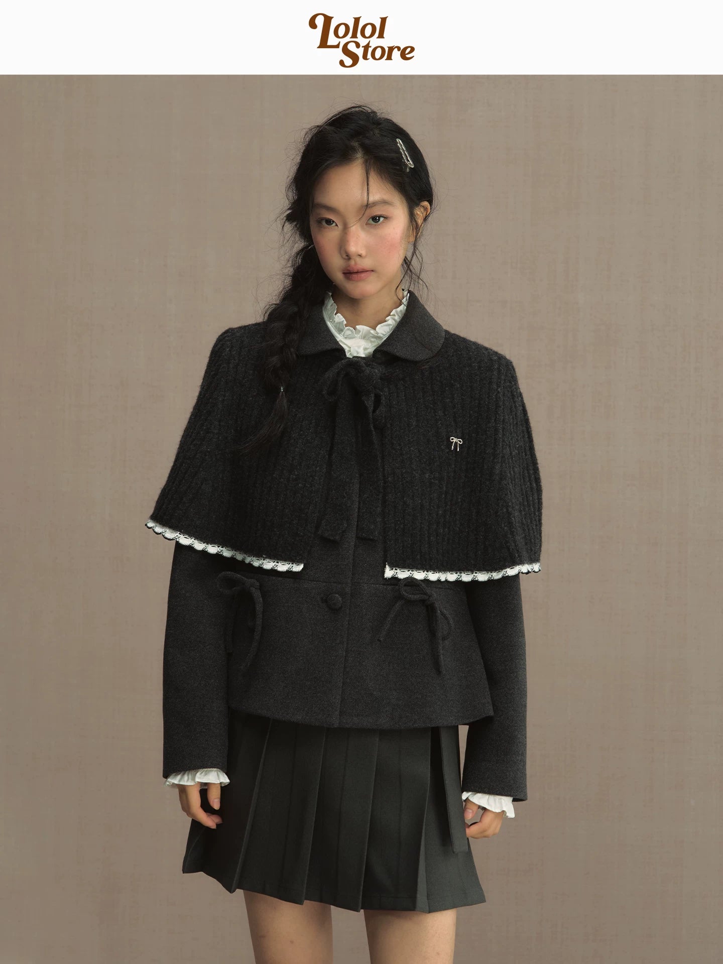 LOLOL "Nara Deer" girl fake two-piece bow lace-up shirt dre 2