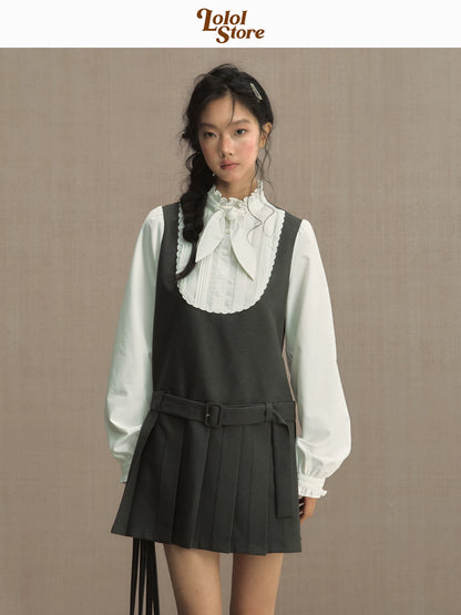 LOLOL "Nara Deer" girl fake two-piece bow lace-up shirt dress women's short skirt pleated skirt