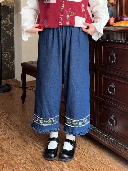 レトロフォークロア刺繍デニムパンツ（全2色）