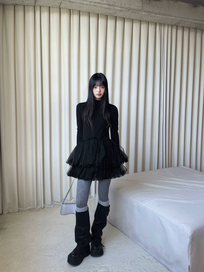 DDgirl "Nishino Twilight" original small man age-reducing mesh stitching puffy dress with fleece bottom