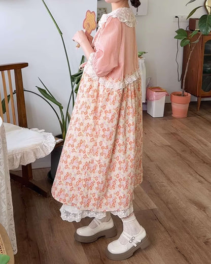 クラシカルチェック＆花柄レースワンピース