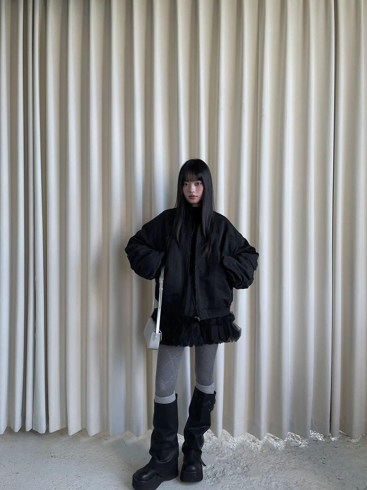 DDgirl "Nishino Twilight" original small man age-reducing mesh stitching puffy dress with fleece bottom