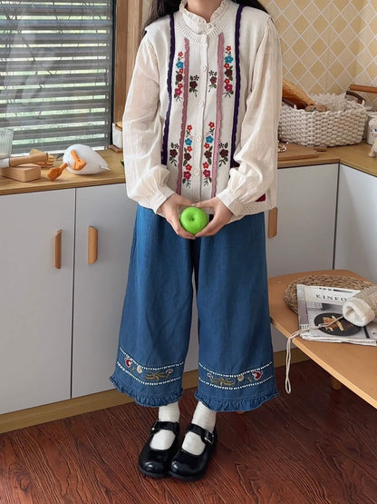 レトロフォークロア刺繍デニムパンツ（全2色）