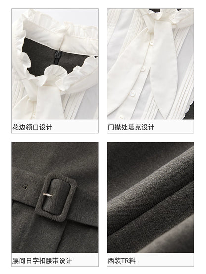 LOLOL "Nara Deer" girl fake two-piece bow lace-up shirt dress women's short skirt pleated skirt