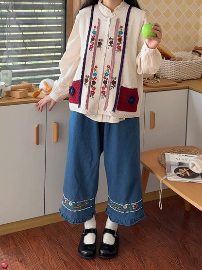 レトロフォークロア刺繍デニムパンツ（全2色）