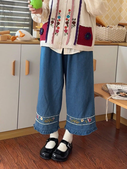 レトロフォークロア刺繍デニムパンツ（全2色）
